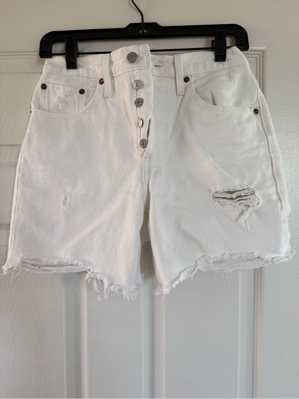 Levi's White Distressed Button-Fly Denim Shorts